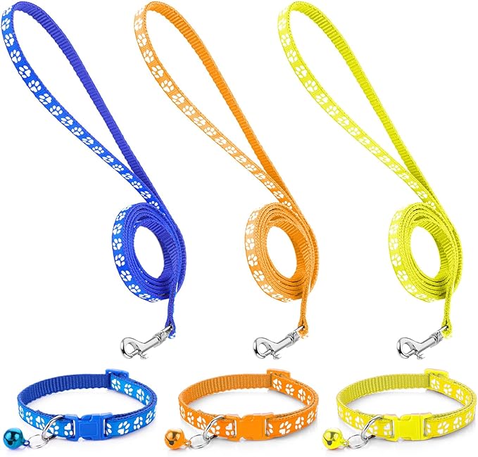 3 Pack Puppy Collar and Leash Dog Leashes and Collar Set Kitten Pet Cat Adjustable Training Rope Quick Release Paw Print Soft Nylon Pet Collars and Leashes