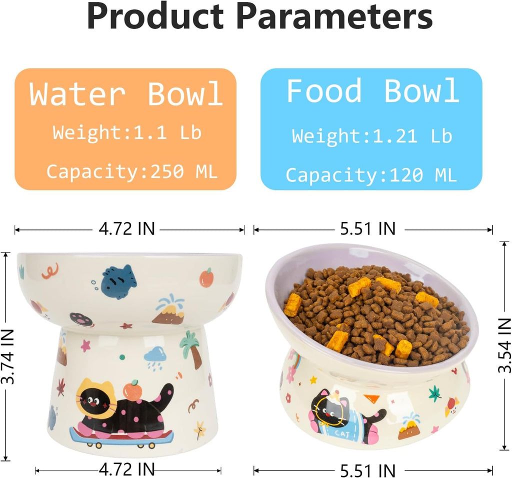 2 Pcs Ceramic Raised Cat Bowl,Elevated Tilted Cat Food and Water Bowls Set for Cats and Small Dogs, Dishwasher and Microwave Safe,Cartoon Decoration