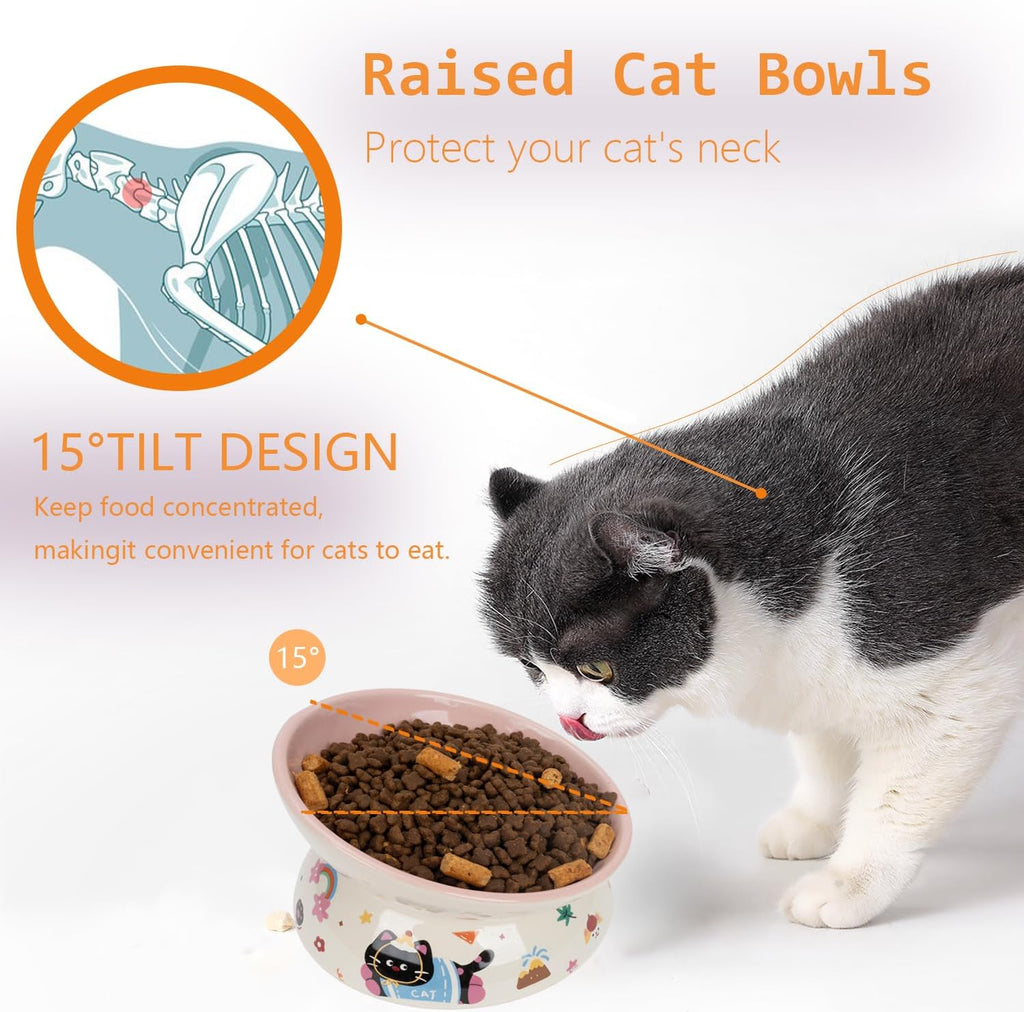 2 Pcs Ceramic Raised Cat Bowl,Elevated Tilted Cat Food and Water Bowls Set for Cats and Small Dogs, Dishwasher and Microwave Safe,Cartoon Decoration