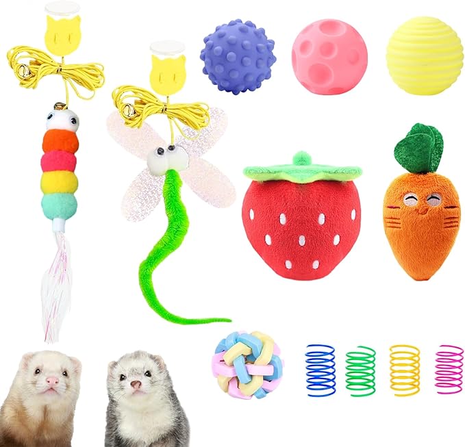 12 Pack Ferret Toys Set, Colorful Teething Balls Squeaky Toys Soft Rubber Balls Cute Ferret Plush Toy Interactive Sound for Ferret Rat Small Animals Cage Exercise Entertainment Chew Toys