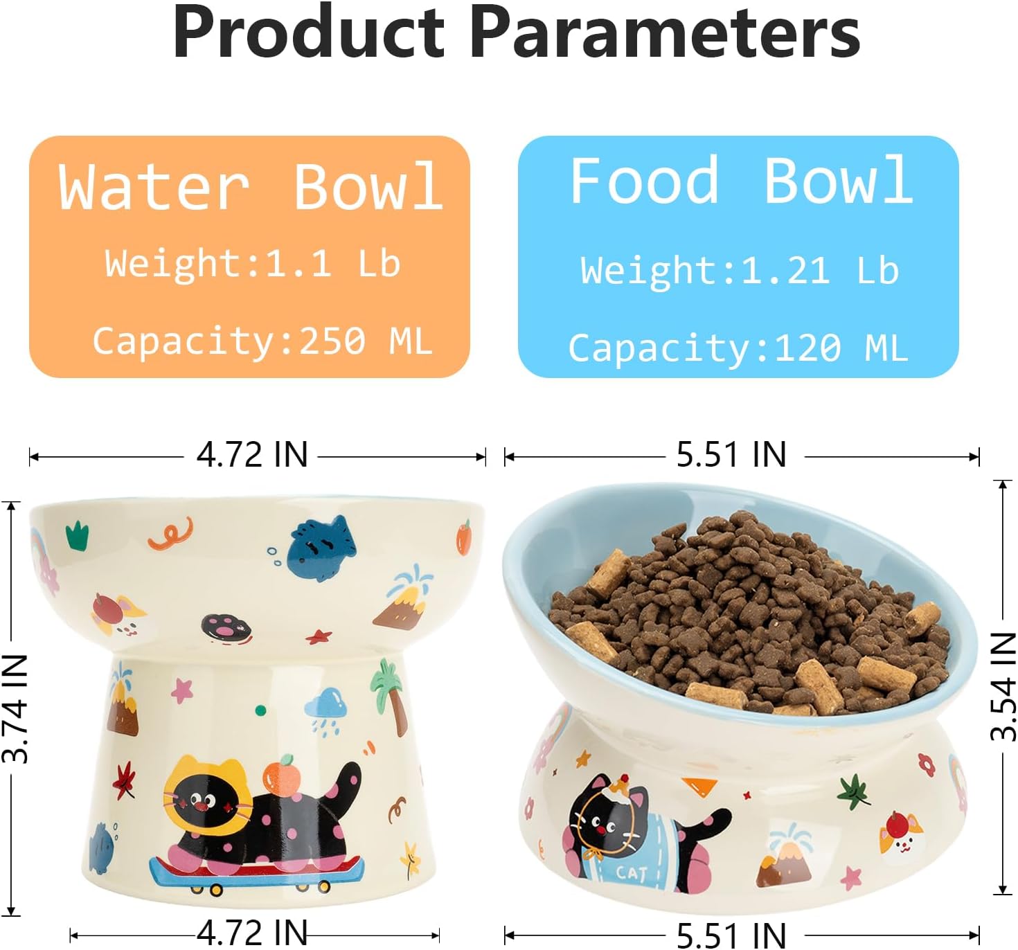 2 Pcs Ceramic Raised Cat Bowl,Elevated Tilted Cat Food and Water Bowls Set for Cats and Small Dogs, Dishwasher and Microwave Safe,Cartoon Decoration