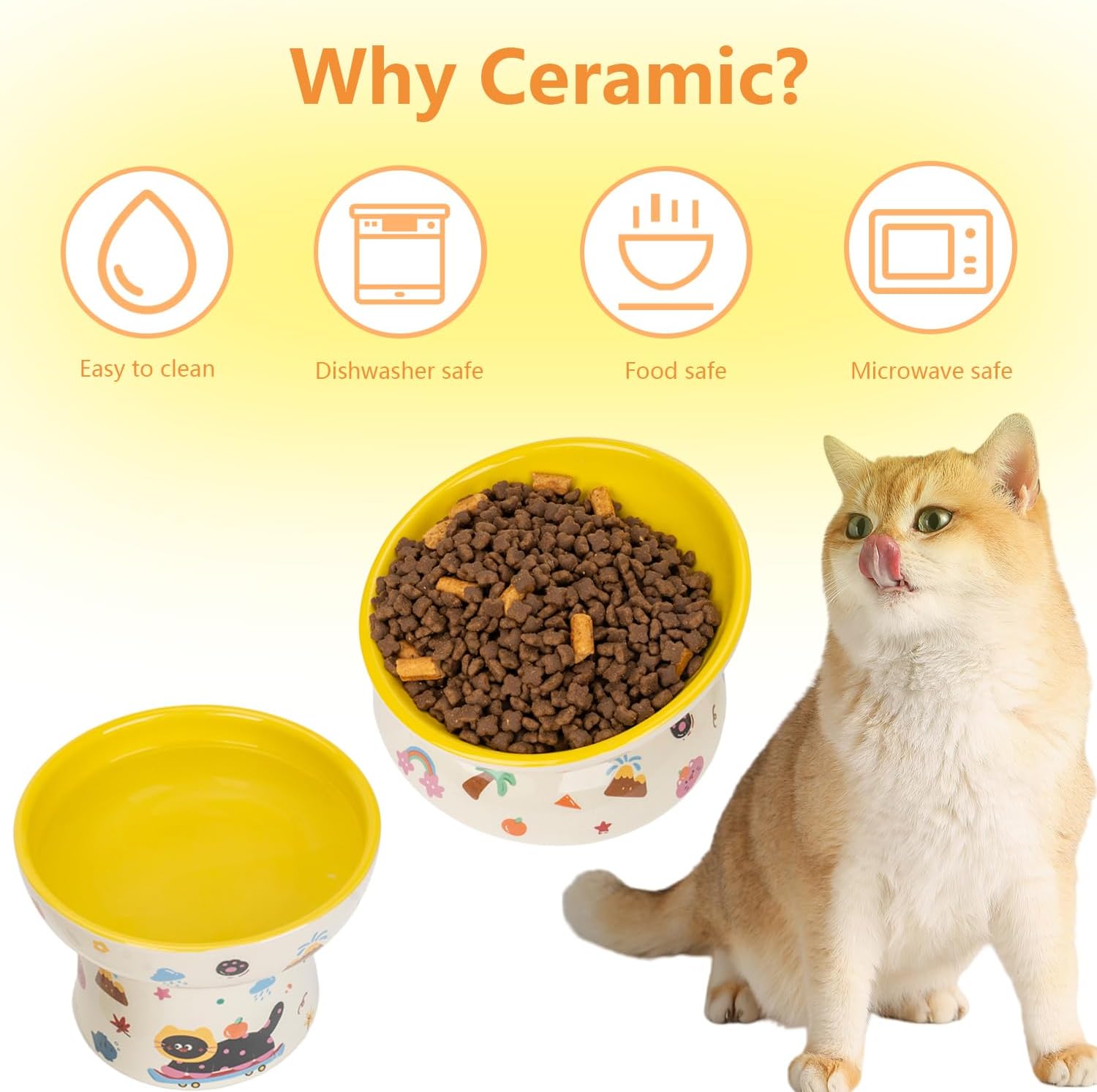 2 Pcs Ceramic Raised Cat Bowl,Elevated Tilted Cat Food and Water Bowls Set for Cats and Small Dogs, Dishwasher and Microwave Safe,Cartoon Decoration