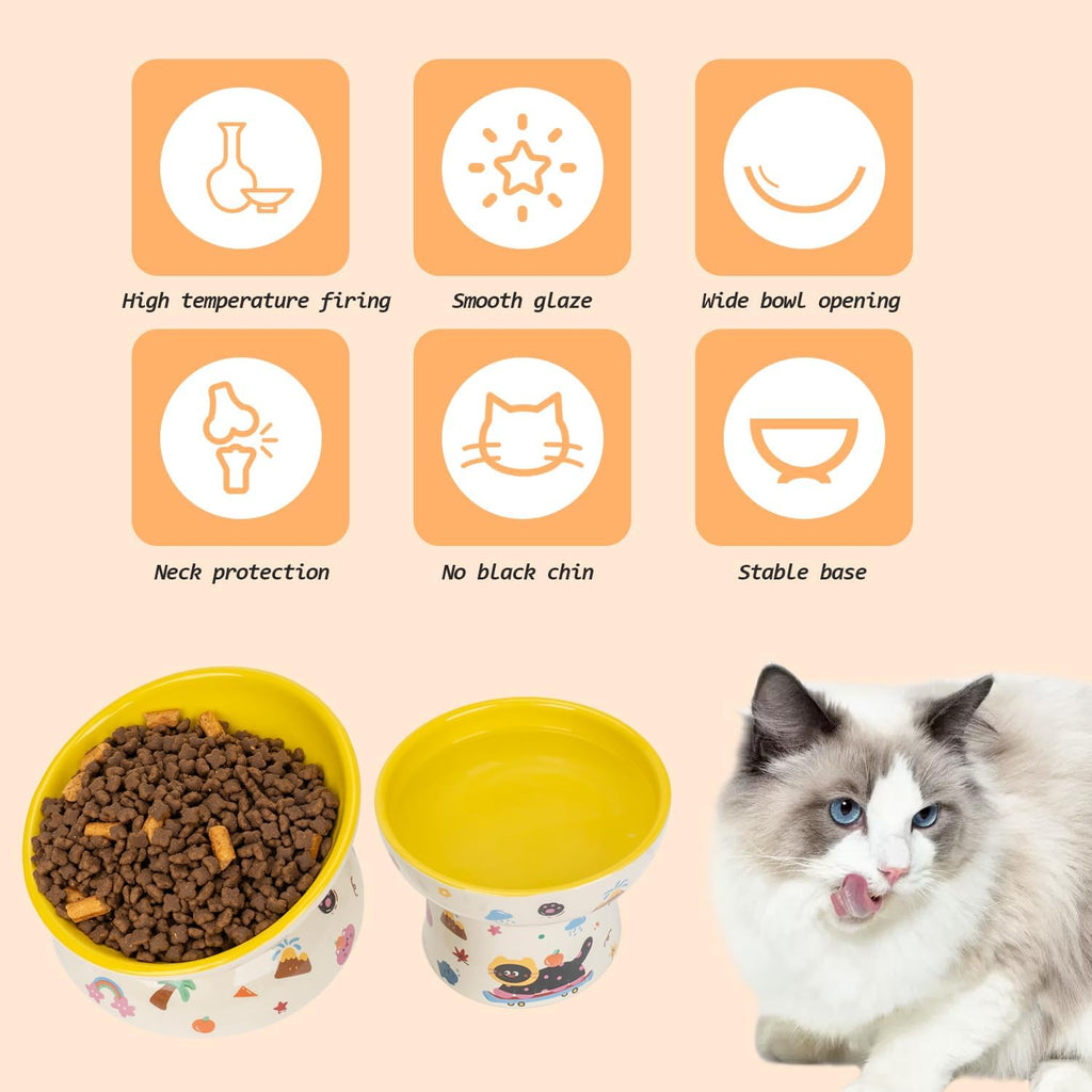 2 Pcs Ceramic Raised Cat Bowl,Elevated Tilted Cat Food and Water Bowls Set for Cats and Small Dogs, Dishwasher and Microwave Safe,Cartoon Decoration