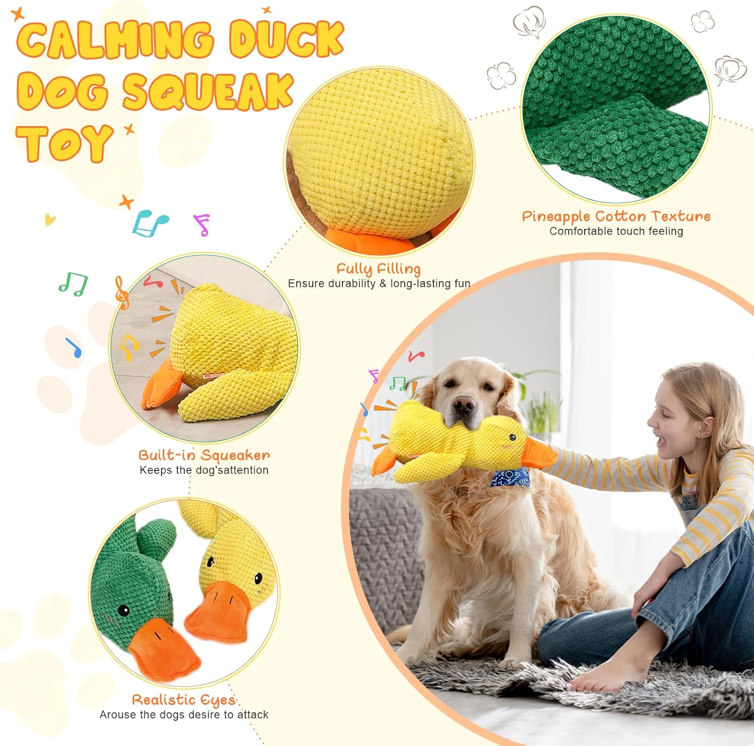 9in Quack-Quack Duck Dog Toy, 2025 Premium Mellow Dog Calming Dogs' Emotion Chew Toys for Indoor Pet Puppy, Indestructible Best Friends Calming Duck Toy for Dogs Cats (Yellow)